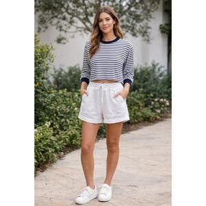 Something Navy Cotton Oversized Striped Cropped Top Women's Size XS Blue White